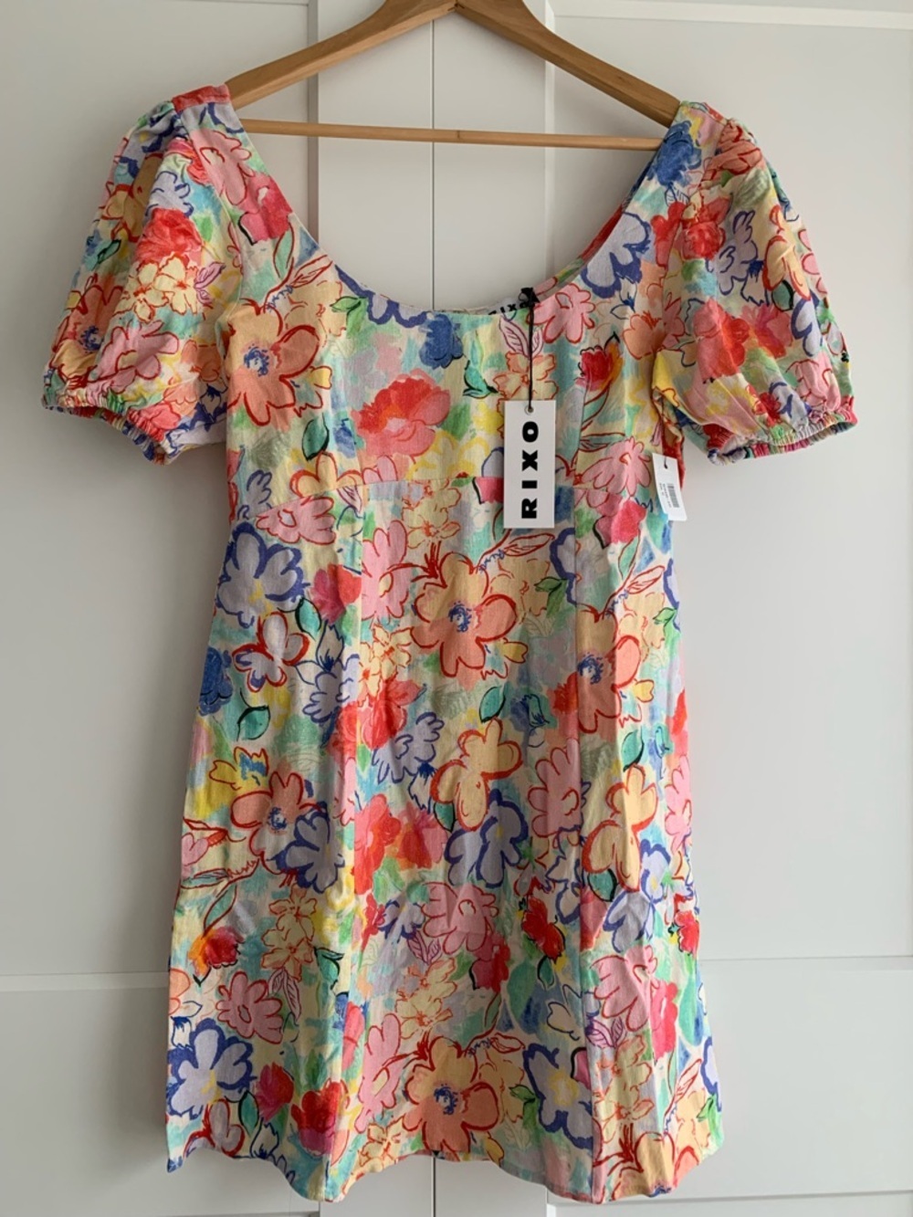 RIXO Floral Puff-Sleeve Mini Dress In Multicolor Size M